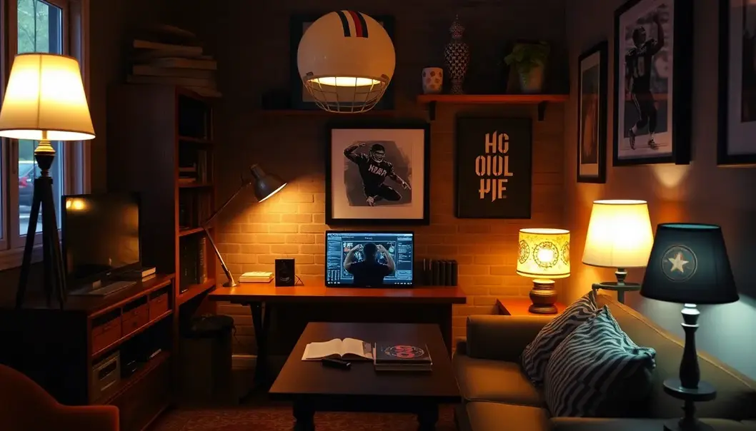 Create a living room that feels like a sports arena with dynamic lighting.