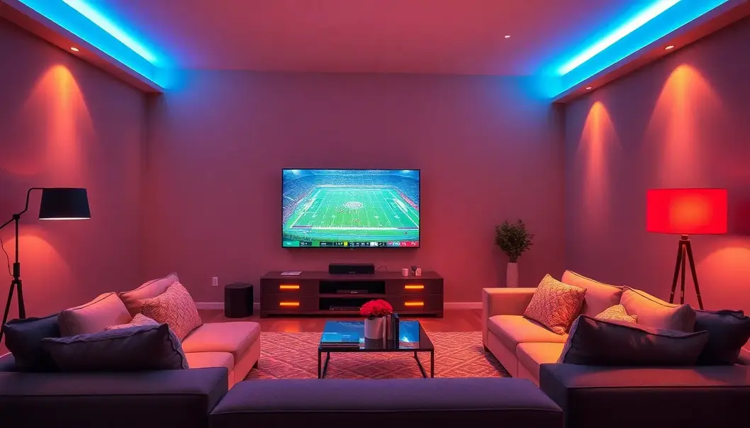 Create a living room that feels like a sports arena with dynamic lighting.