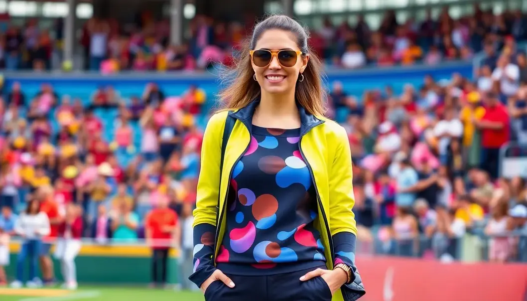 Stylish petite woman in perfectly tailored sports attire amidst a vibrant sports event.