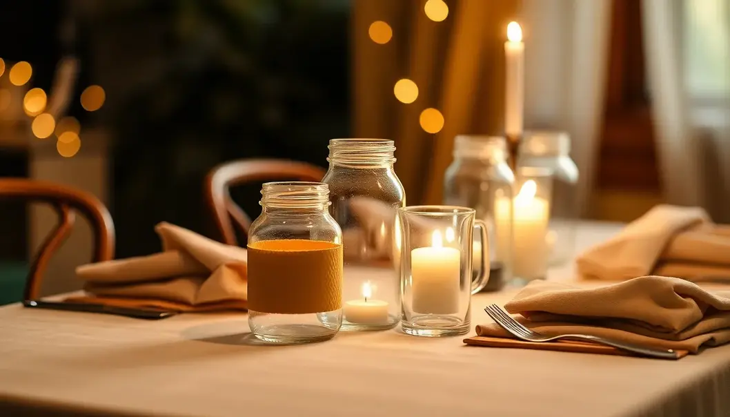 A romantic table setting with zero-waste items like beeswax wraps and glass jars under candlelight.