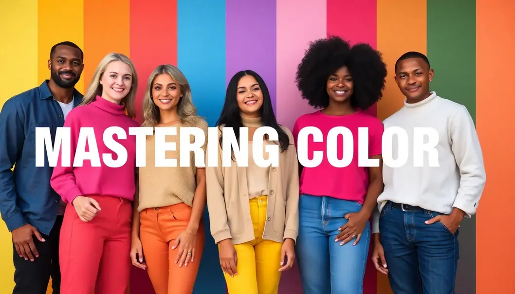A diverse group of people wearing outfits that match their skin tones, set against a vibrant color palette background.